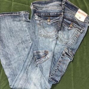 True Religion Blue Boot Cut Jeans with Distressed Look